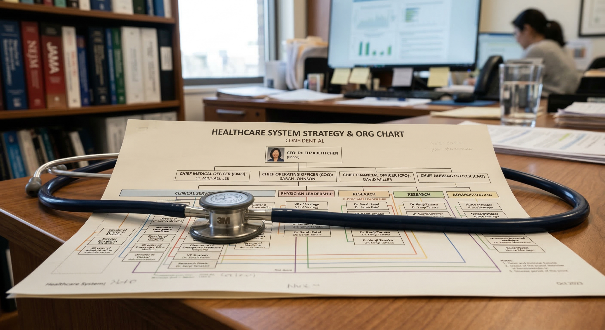 Stethoscope resting on a business strategy and organizational chart, symbolizing the diagnostic approach to strategic executive hiring