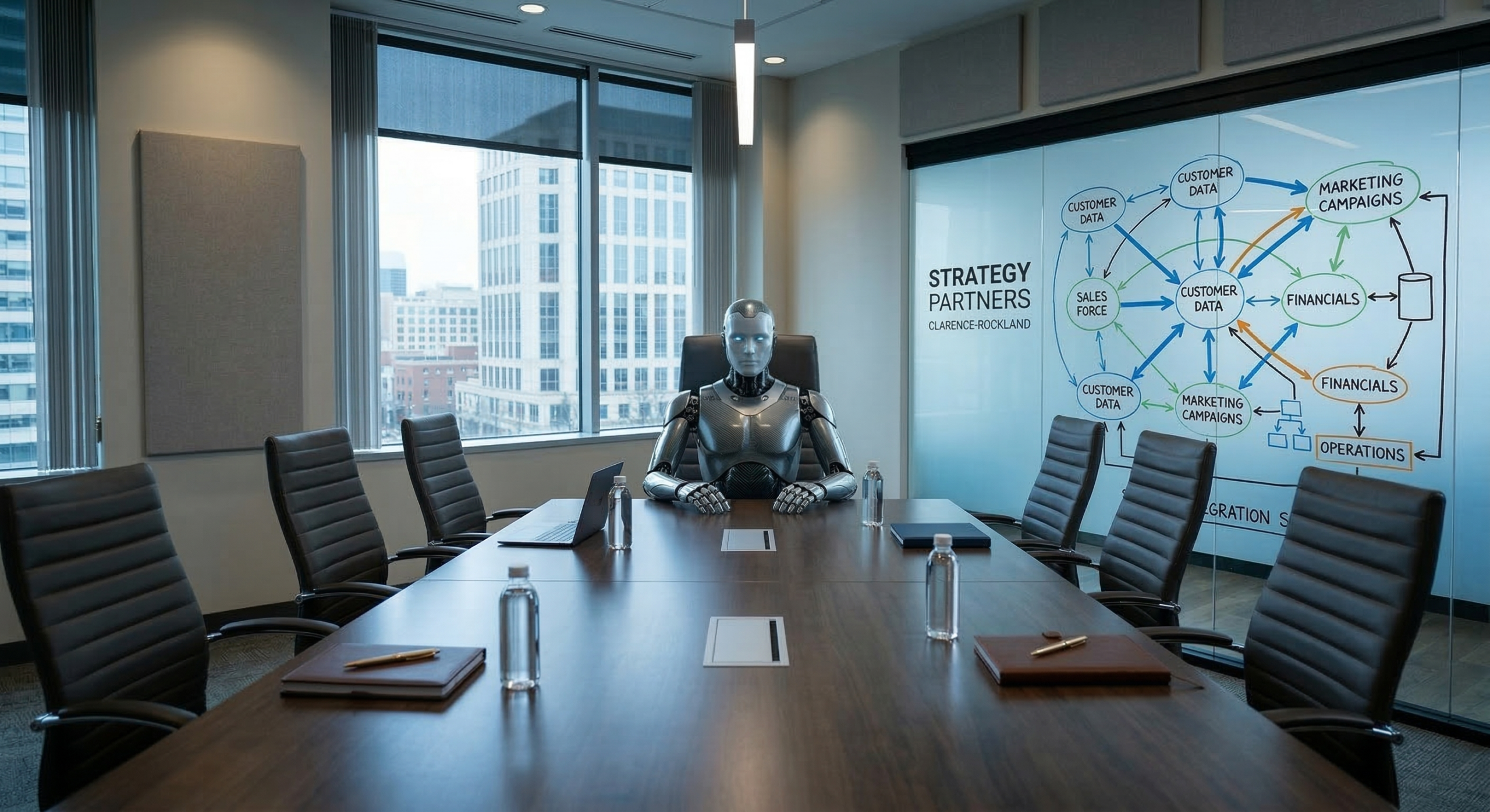 Humanoid AI robot sitting at the head of an empty boardroom conference table with a business strategy integration diagram on the whiteboard behind it.