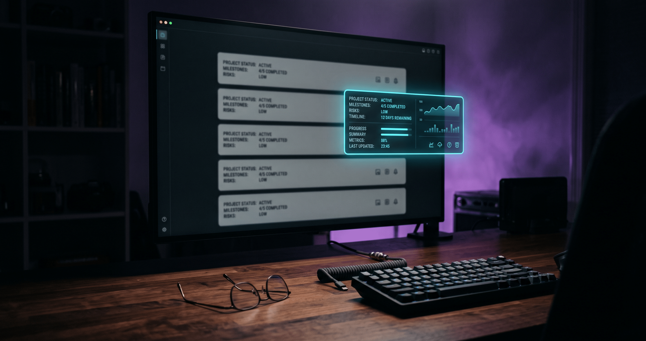 Six AI-generated homepage summaries on a dark monitor, five identical in grey and one glowing distinct, illustrating the two-minute AI positioning test