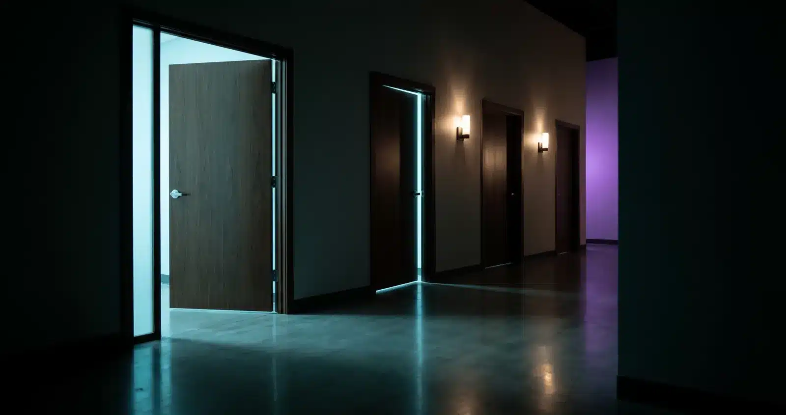 Four doors along a dark office corridor, with the nearest door open and cyan light spilling out, representing the Four Doors to AI citation checked in an AI visibility audit