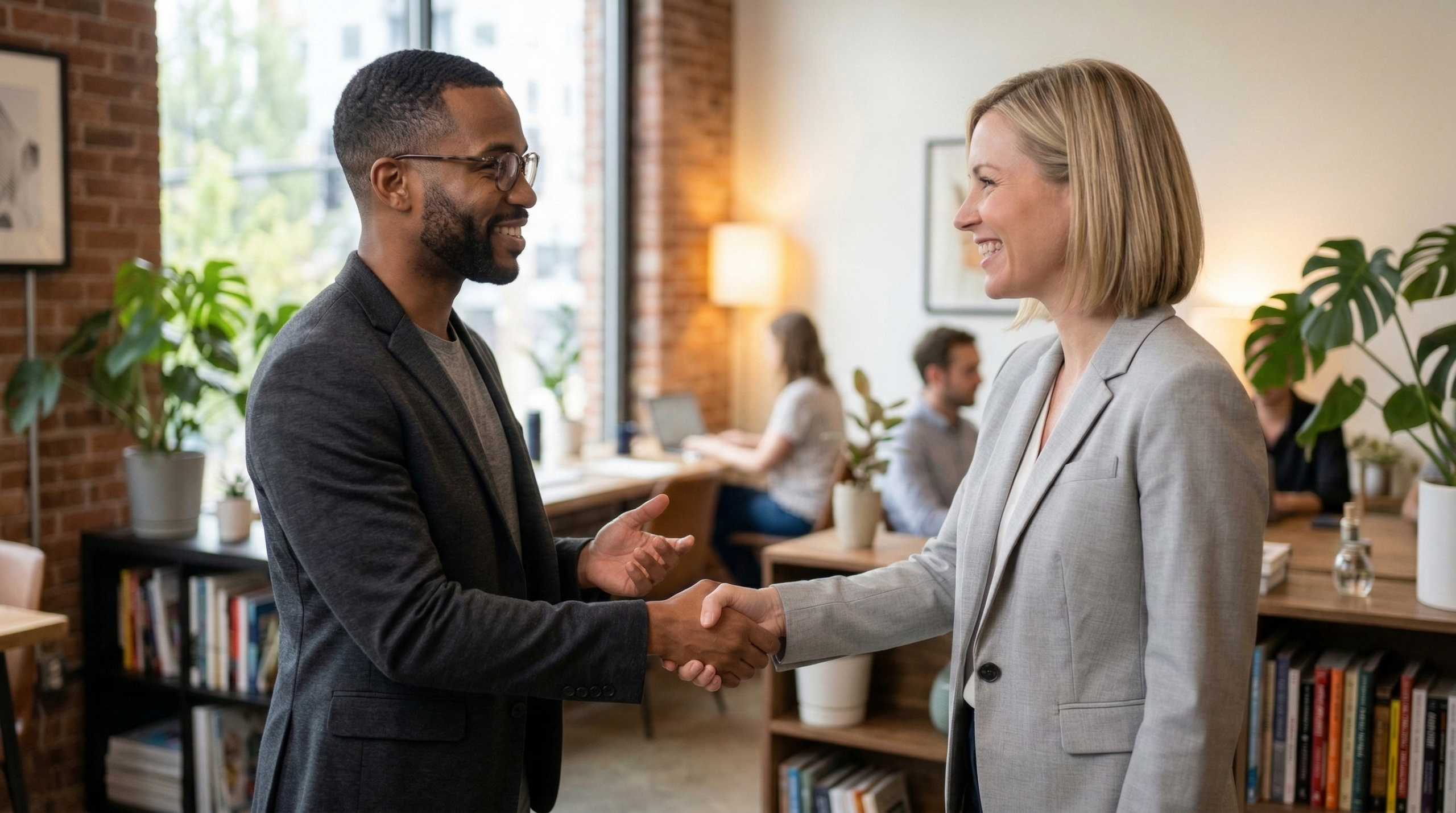 Two professionals shaking hands and smiling in a bright, plant-filled co-working space, with colleagues working in the background.
