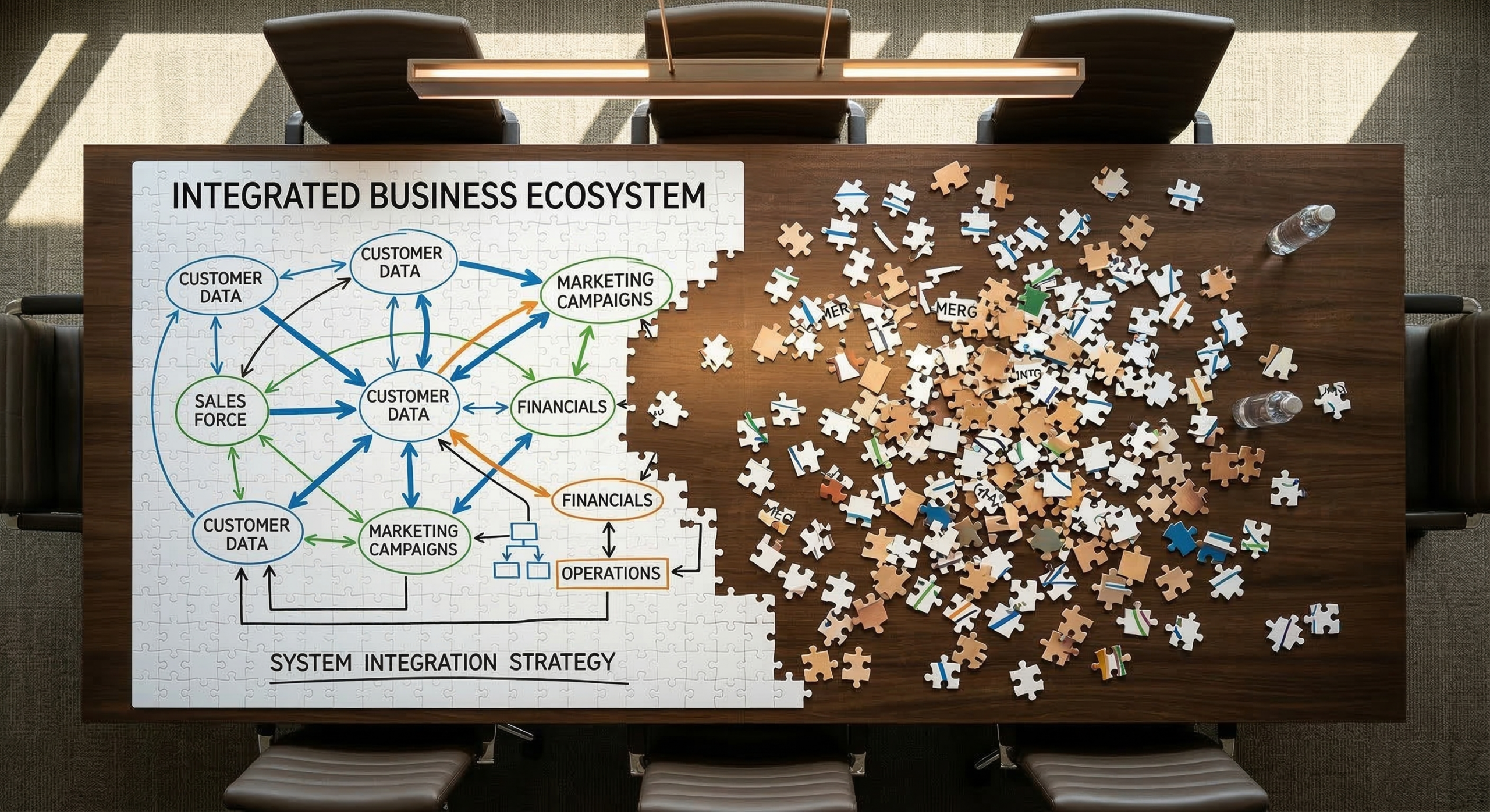 Boardroom table seen from above with a completed jigsaw puzzle on the left showing an integrated business ecosystem diagram and scattered disconnected puzzle pieces on the right, illustrating the difference between connected and fragmented growth strategy