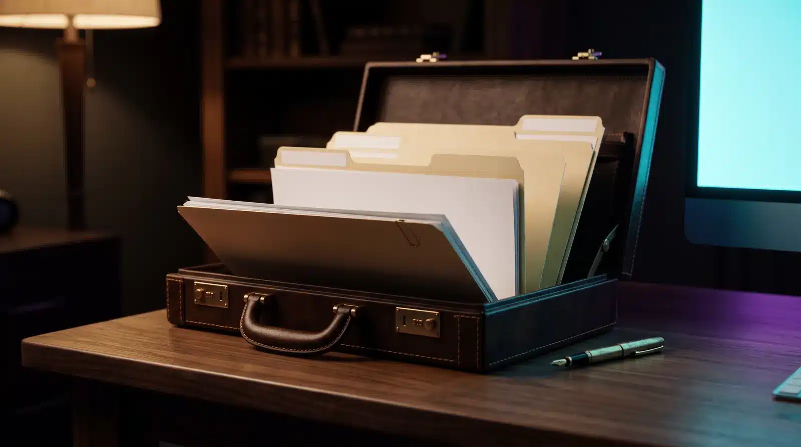 An open leather document case on a walnut desk at night with four manila folders fanned out of it, representing the four parts of the CASE framework for briefing AI.