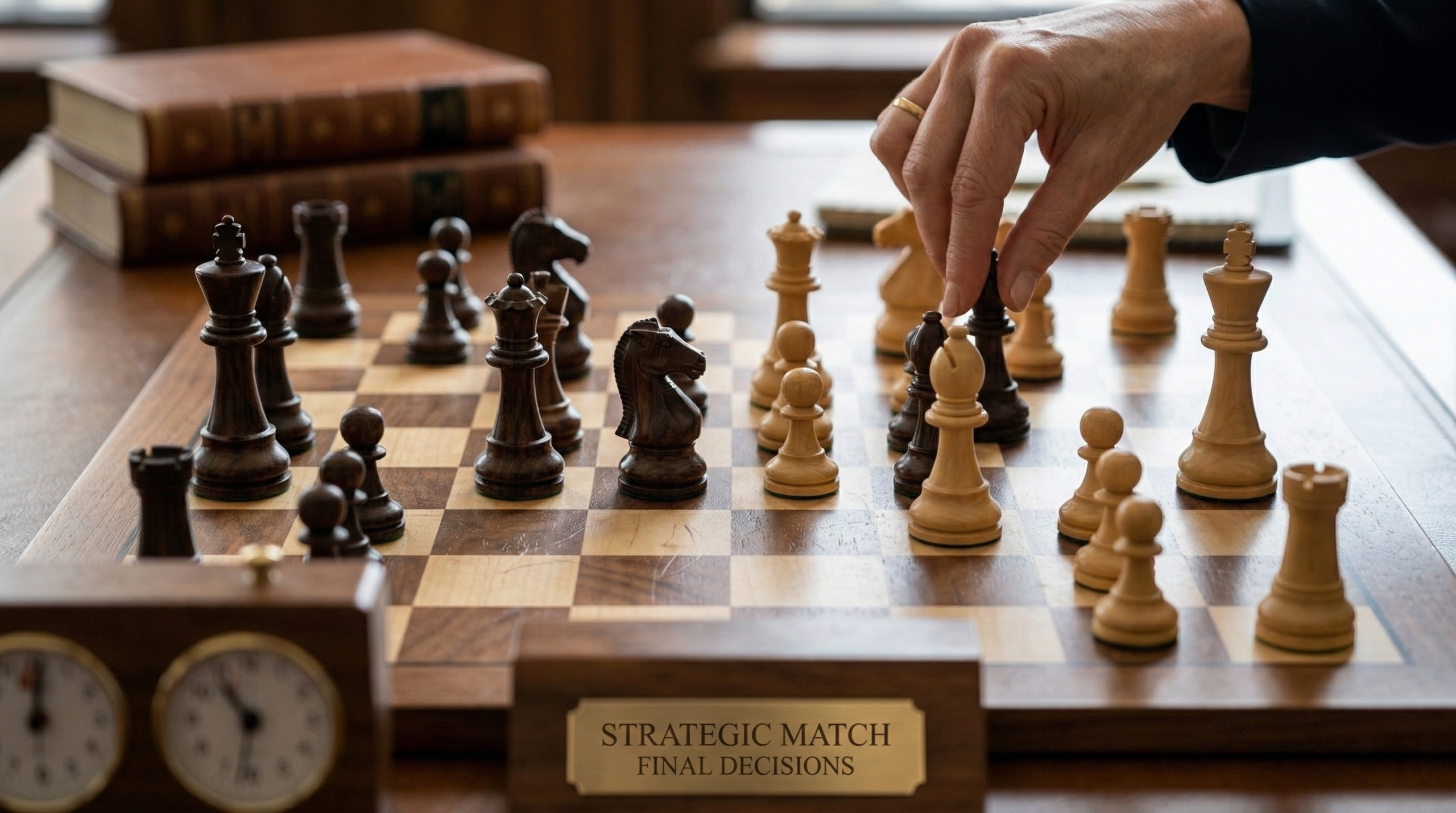 A hand moving a dark chess piece on a wooden board mid-game, with a chess clock and books in the background, representing competitive strategy and deliberate market positioning decisions.