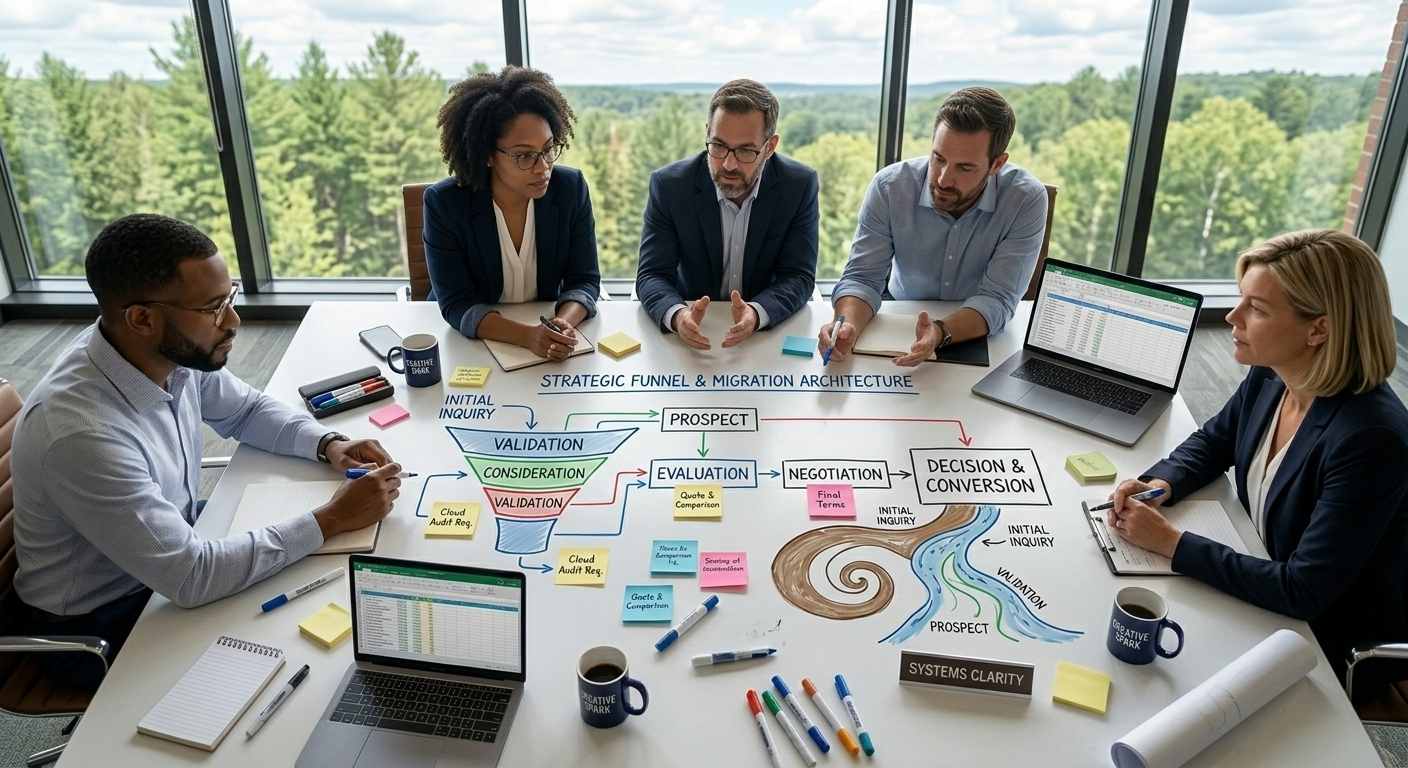 Executive team reviewing a strategic funnel and revenue architecture diagram during a leadership working session