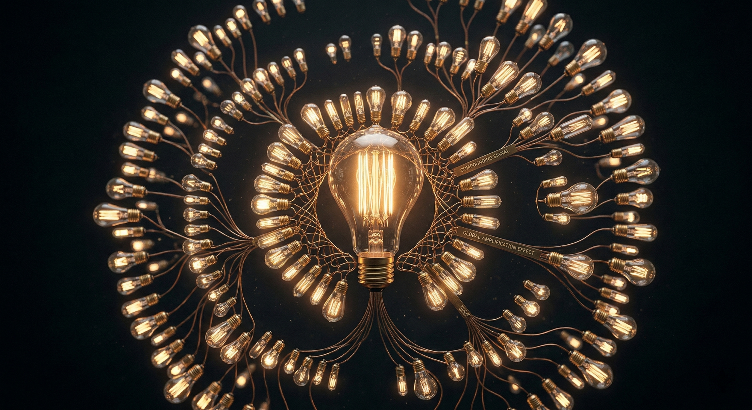A large glowing Edison bulb at the center, connected by copper wire filaments to dozens of smaller bulbs radiating outward in an expanding pattern, representing the compounding effect of authority signals across a market.