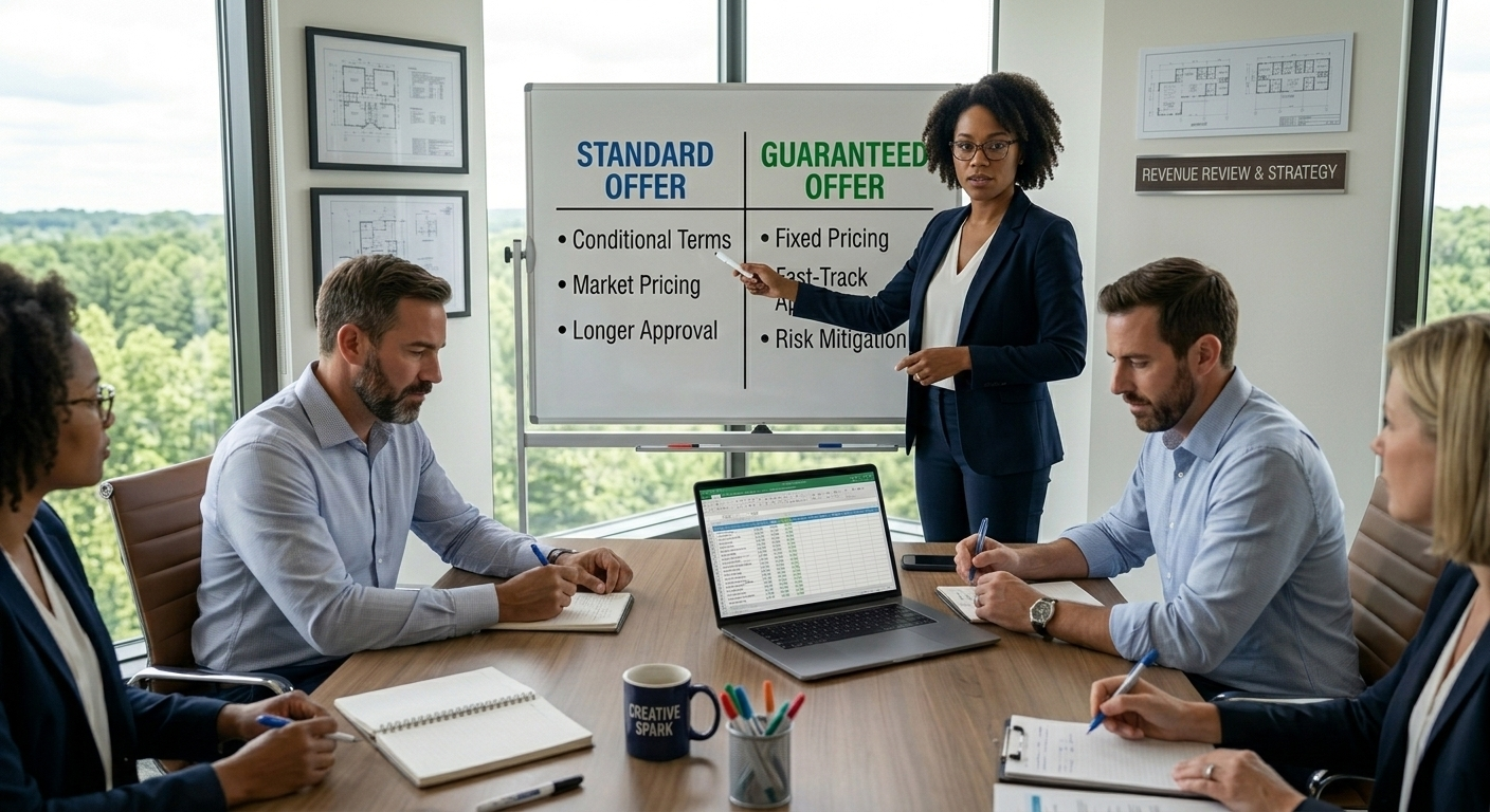 Executive presenting a standard offer versus guaranteed offer comparison to a leadership team during a revenue strategy session