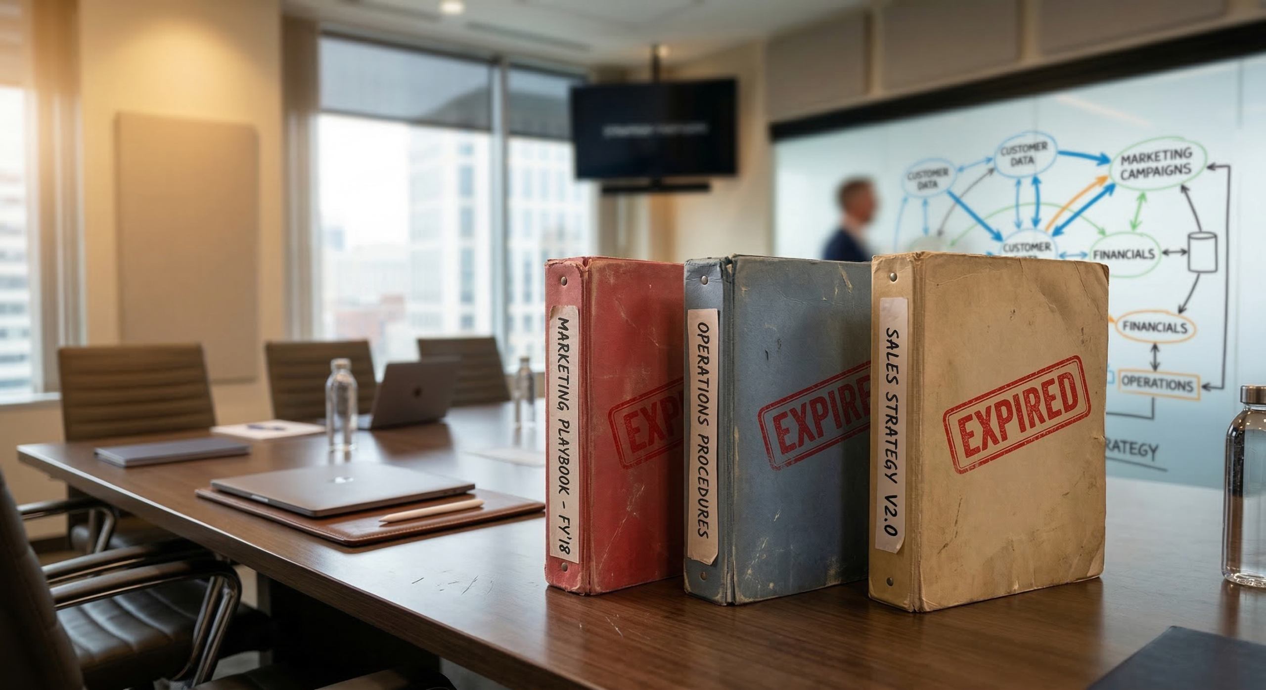 Three worn business playbook binders stamped with red EXPIRED labels standing on a boardroom table with a strategist drawing a modern business framework on a whiteboard in the background