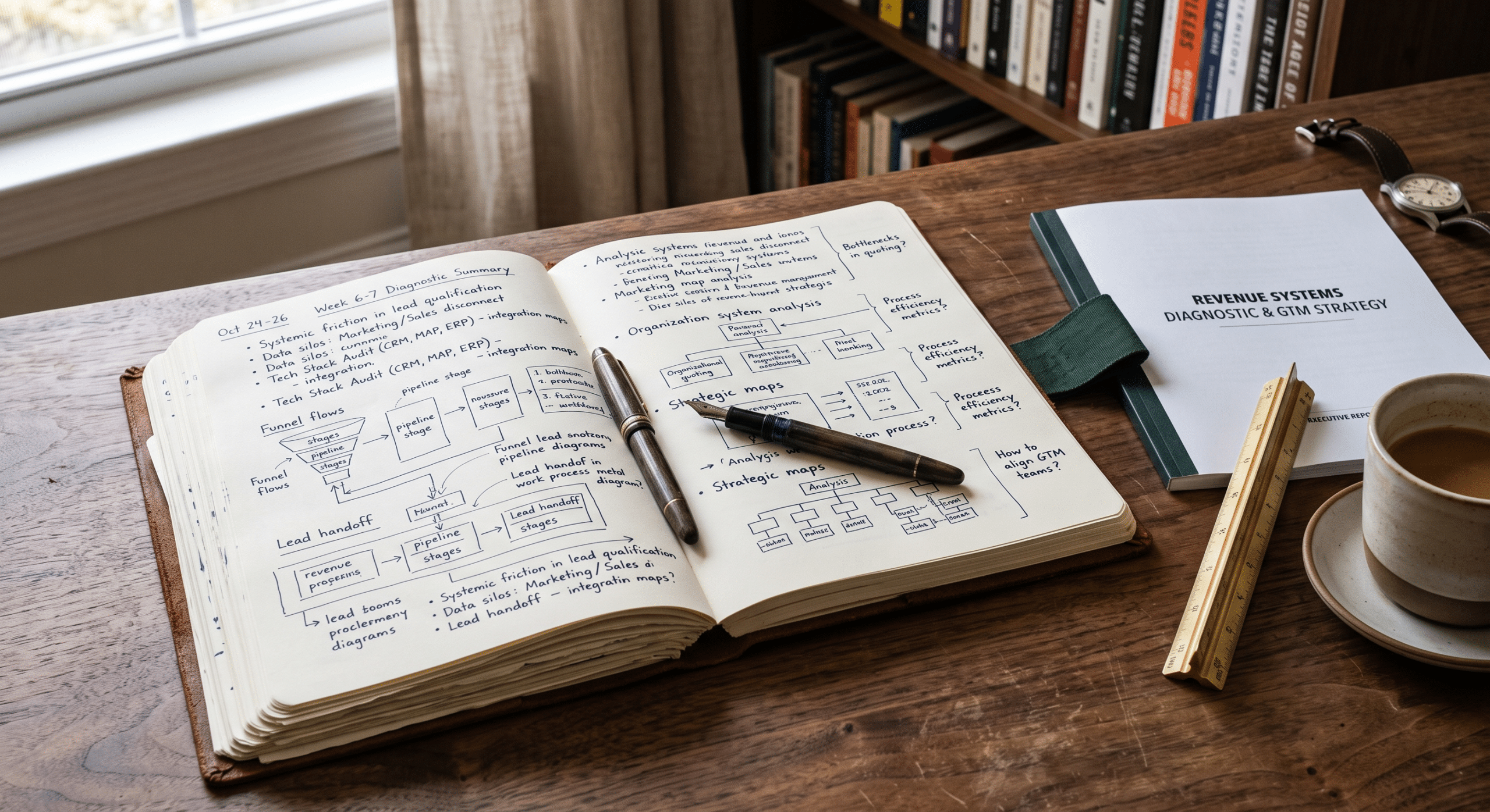 Overhead view of a Revenue Architect's diagnostic working journal spanning the first two months of a fractional engagement, illustrating the diagnostic-first approach that differs from a 100-day accelerator promise of tactics in week one