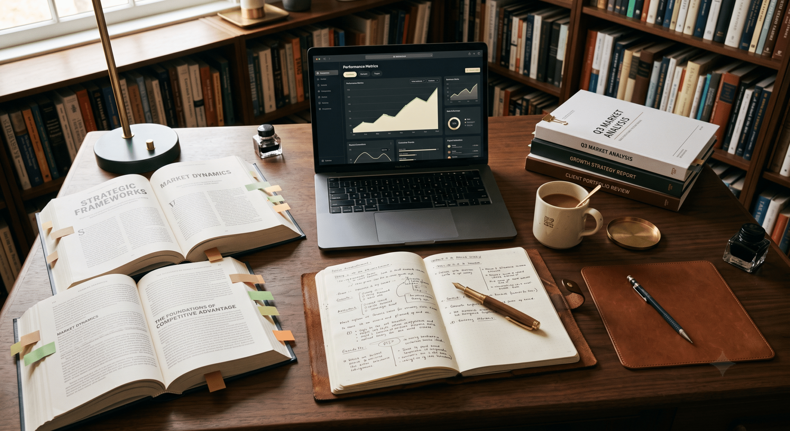 Overhead view of a consulting firm principal's desk with open reference books, notebook, and an analytics dashboard on a laptop, illustrating the authority architecture work a fractional CMO does for expert-led firms