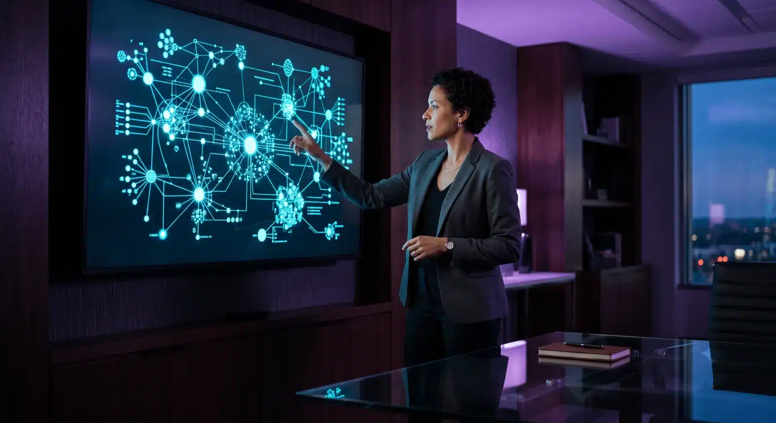 A fractional CMO standing at a wall display that maps positioning, content, and revenue as one connected system.