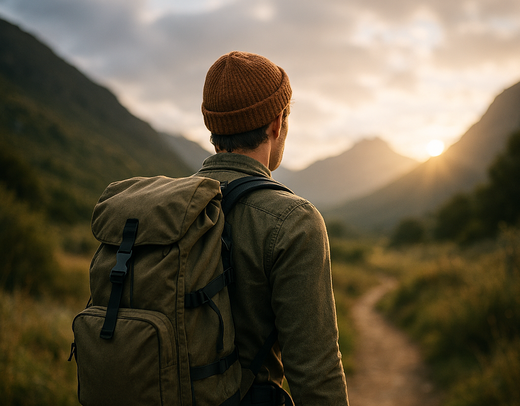 A hiker with a canvas backpack walks a narrow mountain trail toward a sunlit valley, representing the journey of the QUEST framework.