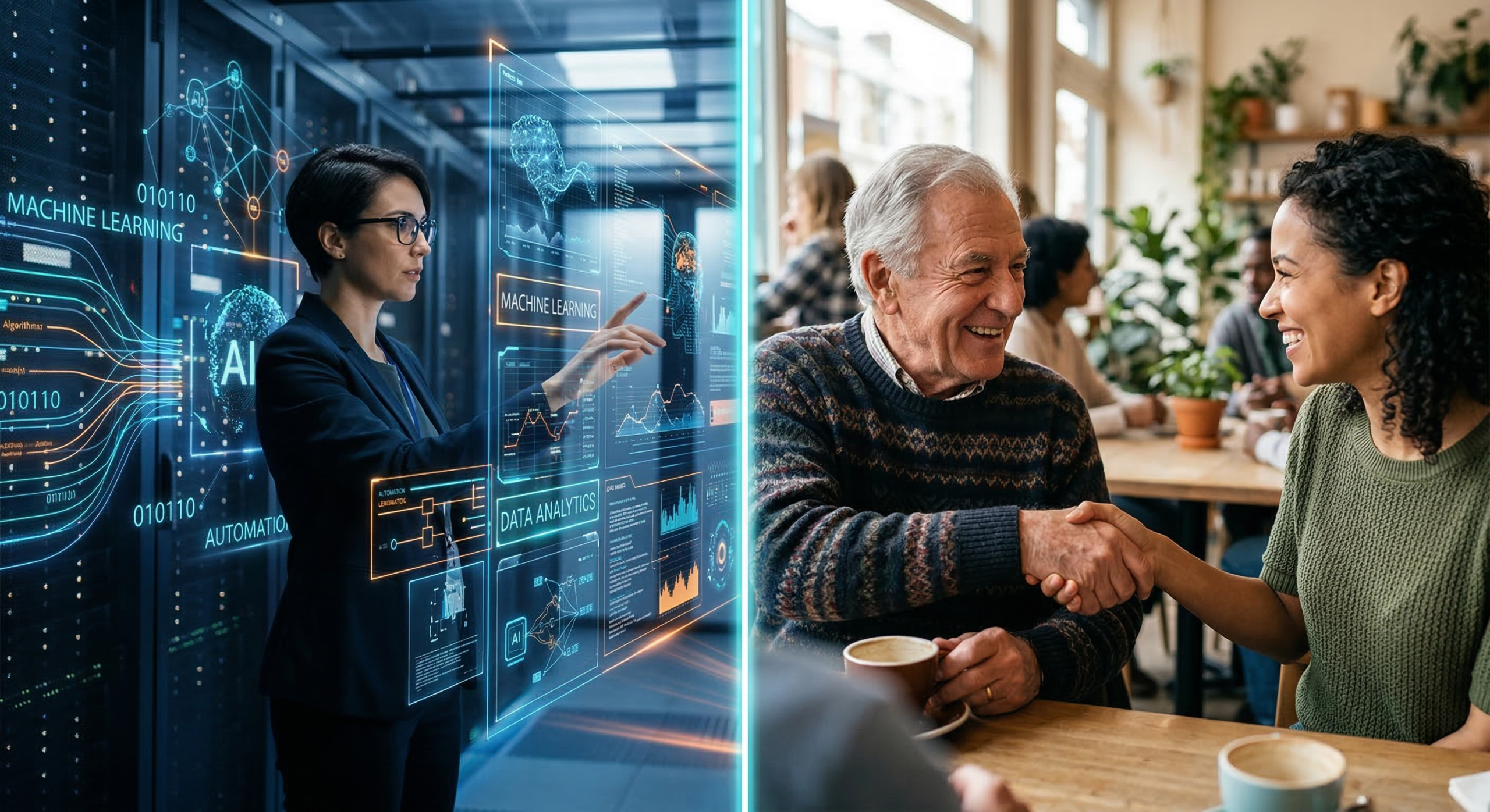 Split image showing a professional interacting with AI data dashboards on the left and two people sharing a warm handshake over coffee on the right, illustrating the high-tech high-touch balance.