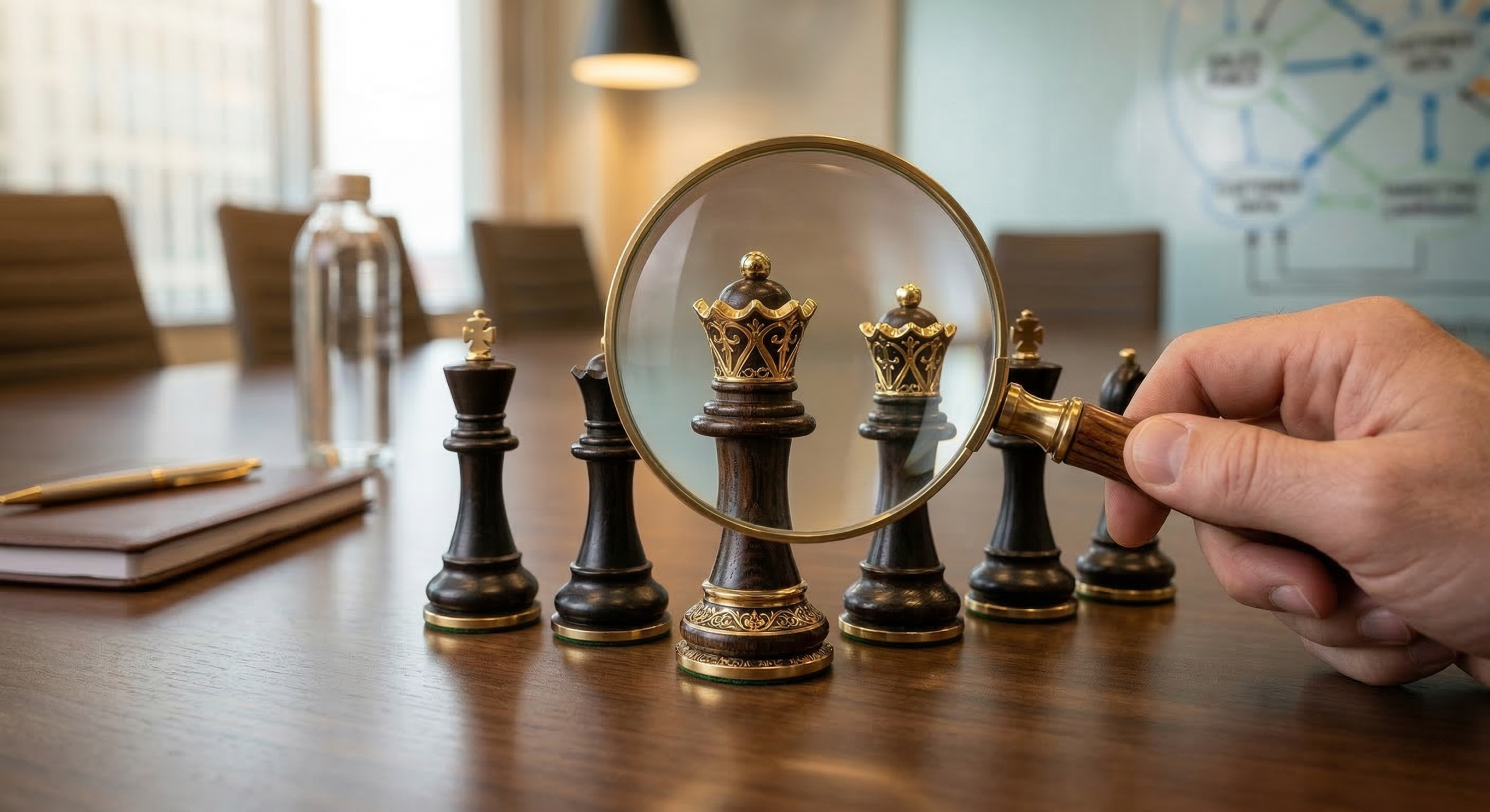 Hand holding a brass magnifying glass over a row of dark wooden chess king pieces on a boardroom table, examining one piece closely with a strategy whiteboard in the background