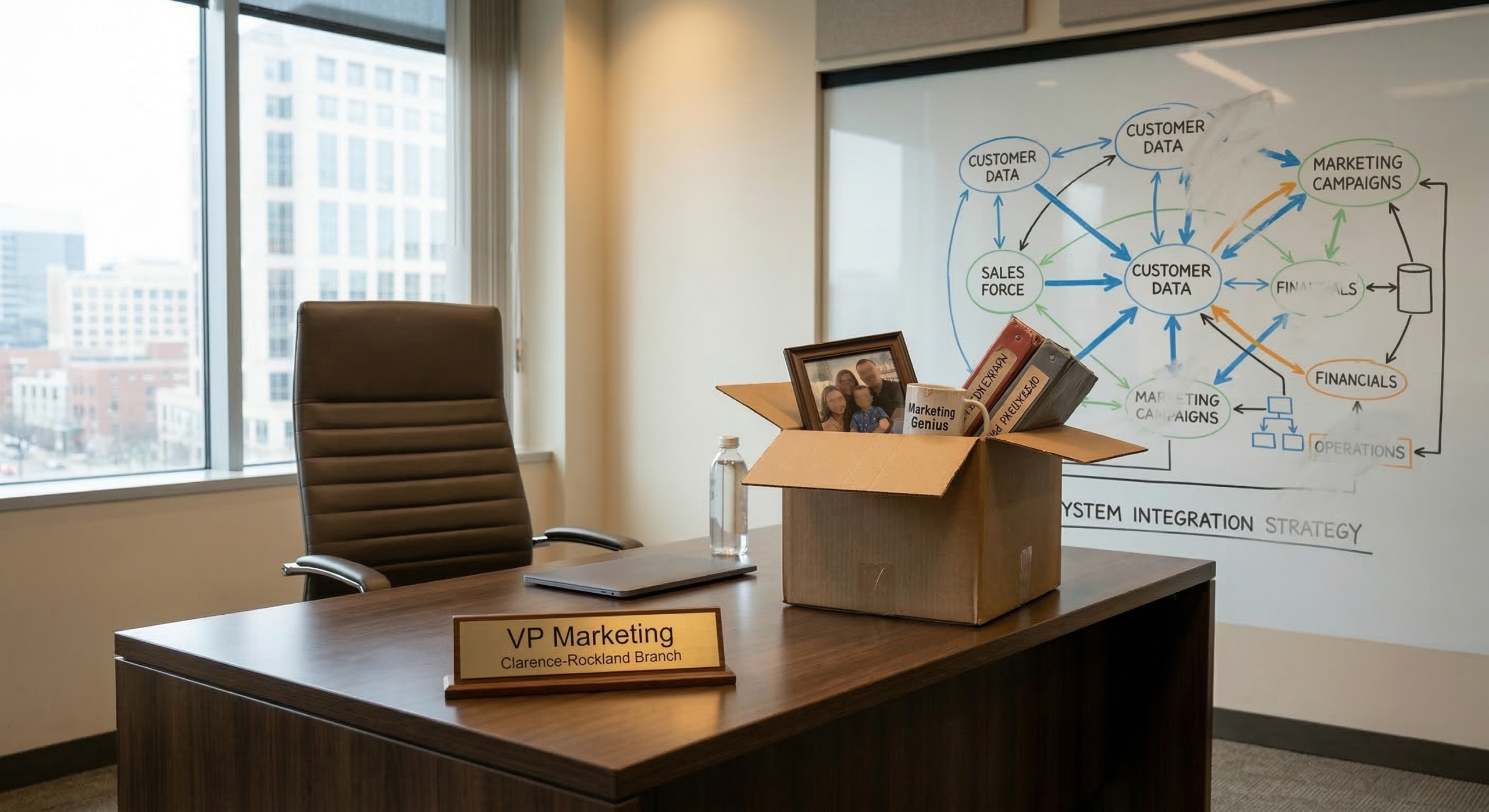 Empty VP Marketing executive chair behind a desk with a packed cardboard box of personal items and a nameplate, with an integrated business strategy whiteboard still visible in the background.