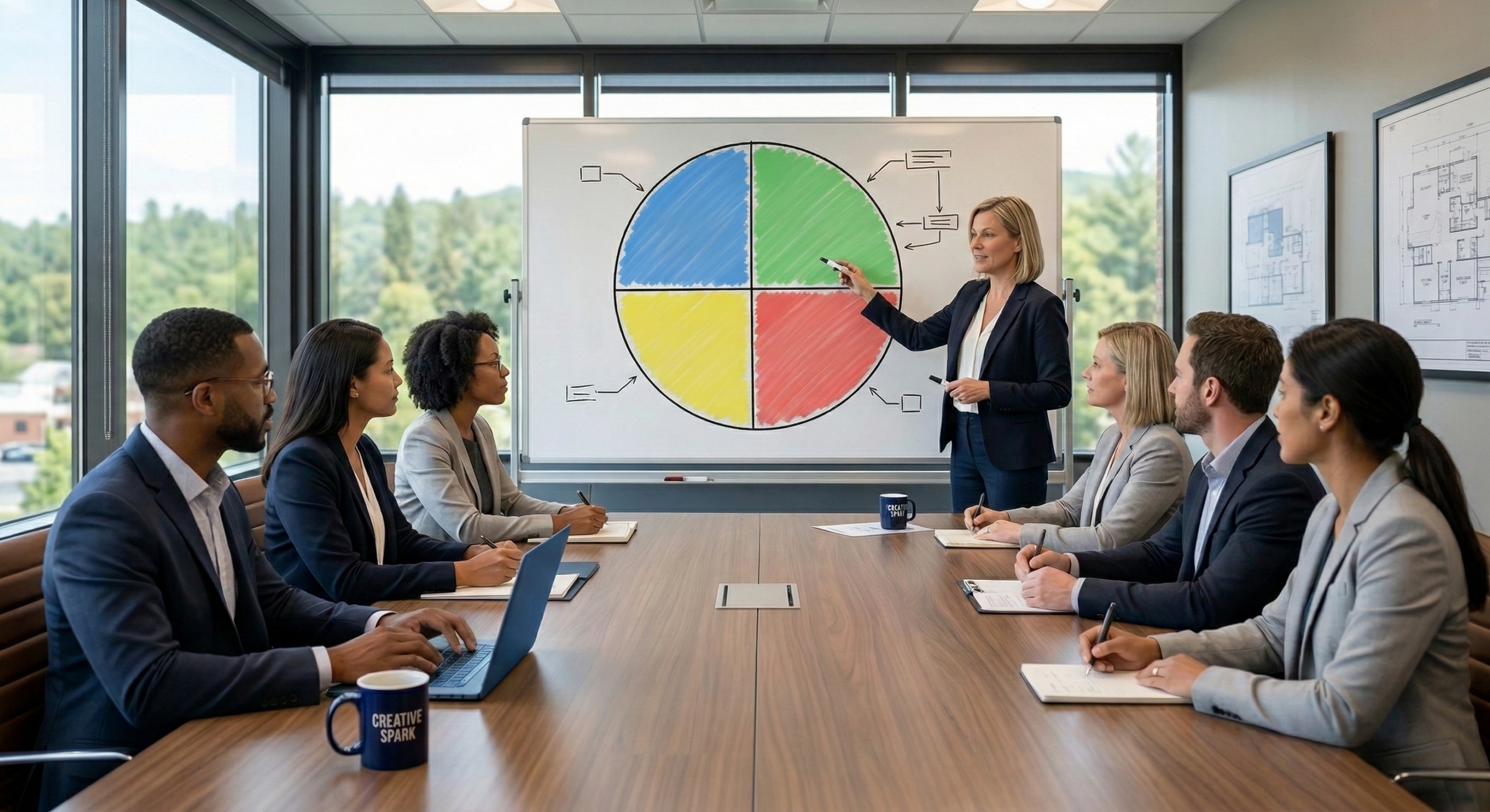 A presenter points to a four-quadrant color chart on a whiteboard during a business meeting, illustrating the four buyer personality types used in personality-matched messaging strategy.