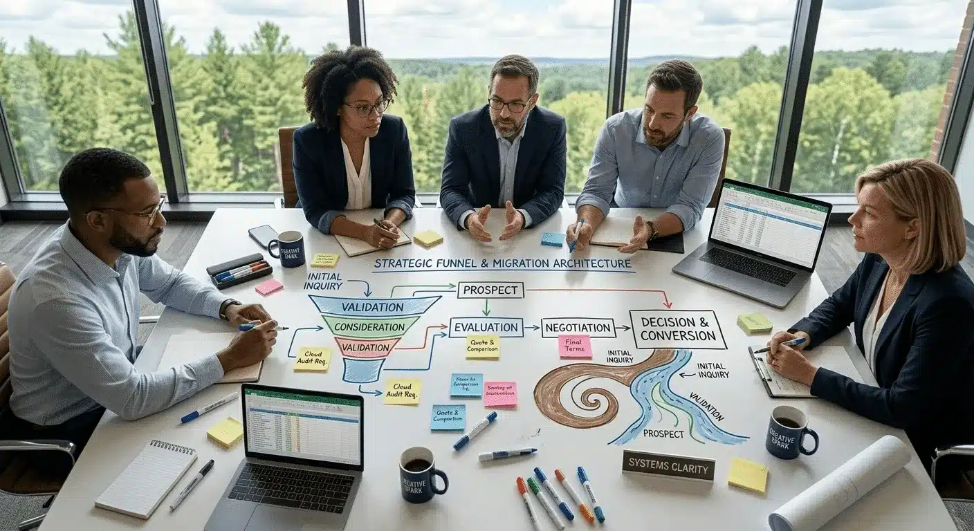 Executive team reviewing a strategic funnel diagram during a leadership working session