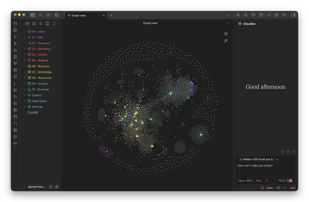 Obsidian graph view showing interconnected colorful knowledge nodes