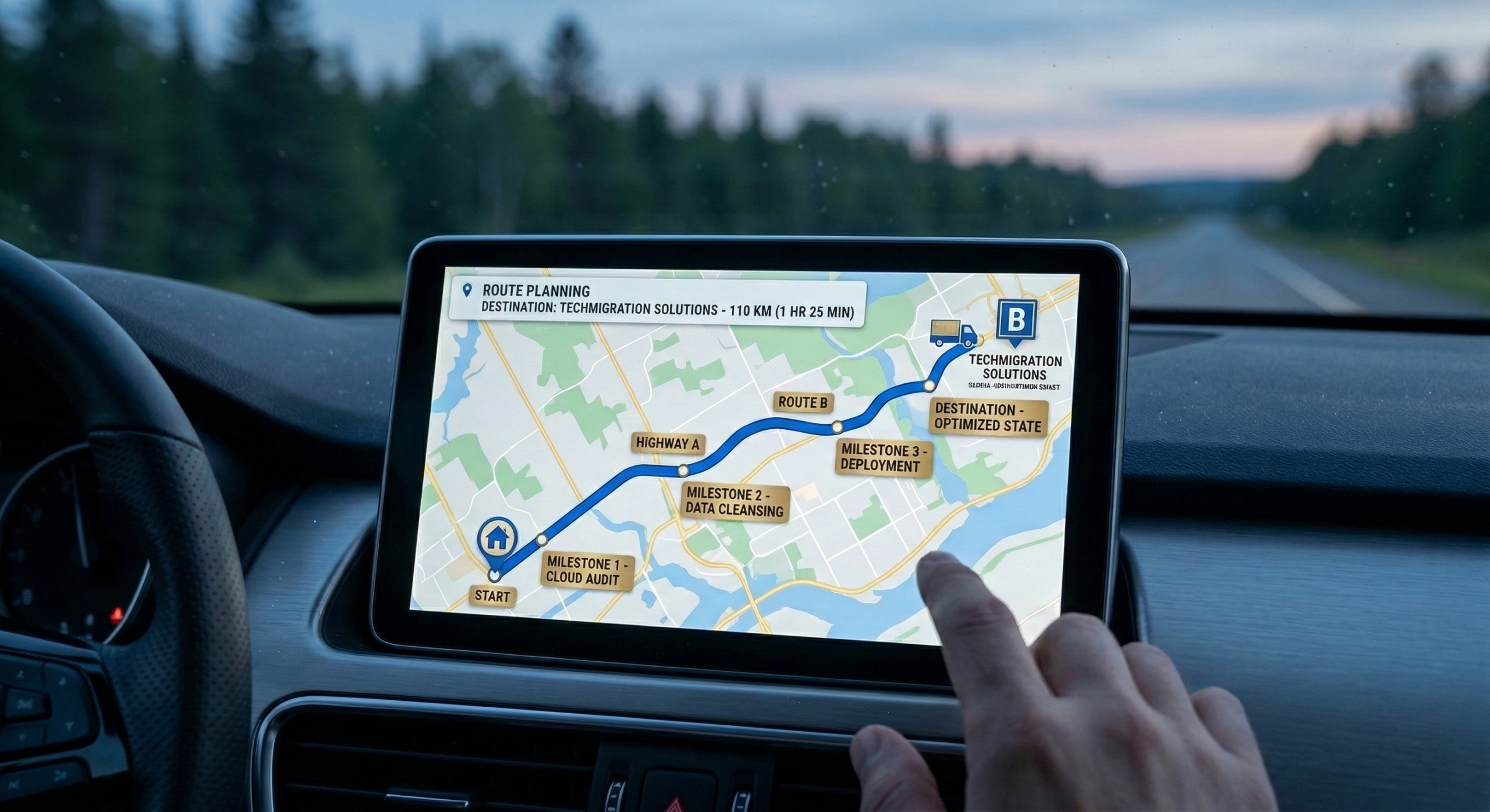 A hand pointing to a car navigation screen displaying a route map with three labeled milestones from start to destination, representing the step-by-step planning required for a successful site migration.