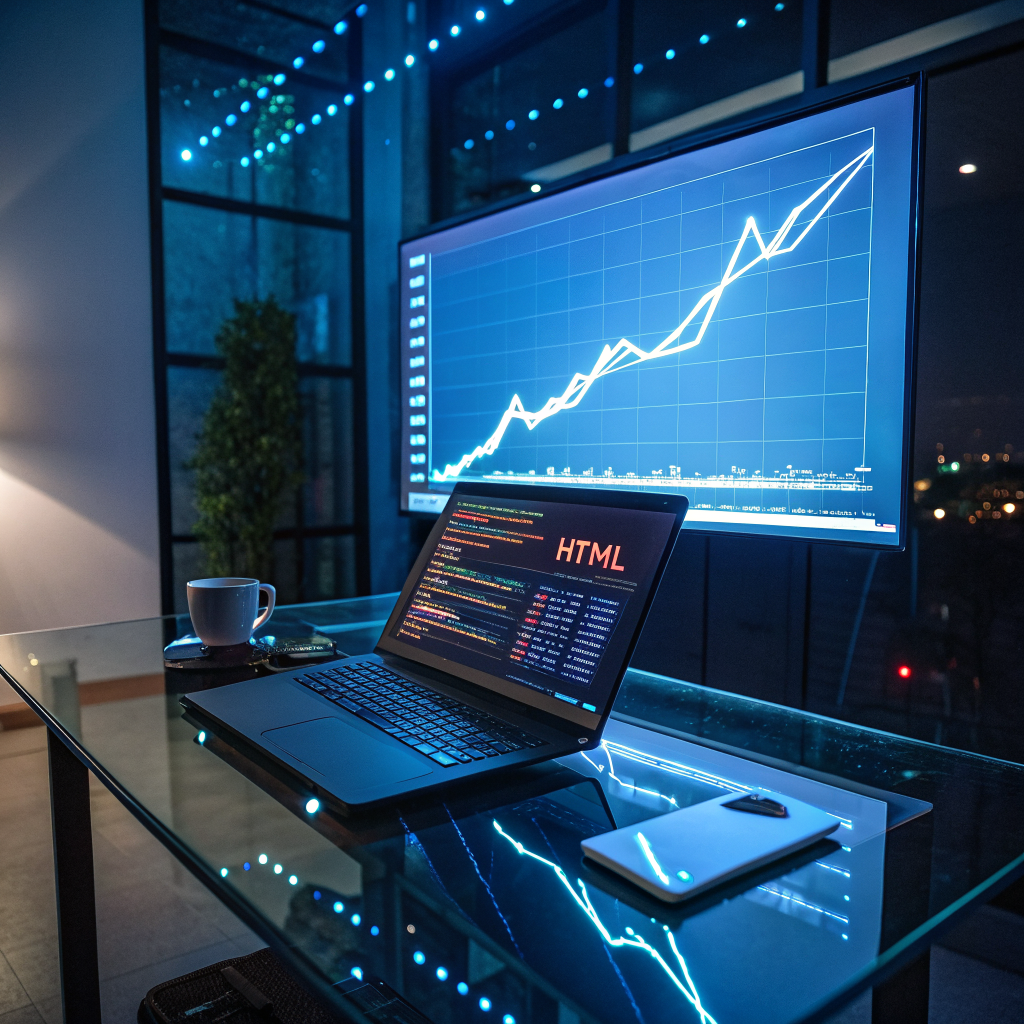 A futuristic workspace showing a holographic brain overlaying a laptop screen with marketing dashboards, all in shades of dark purple, symbolizing AI‑powered strategic thinking.