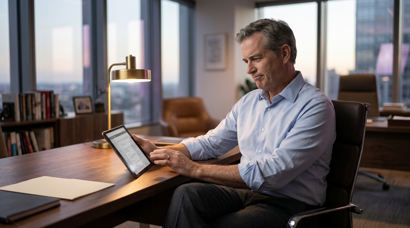 A senior executive at a tablet in a premium office, eyes fixed on the screen with subtle skepticism, catching the half-second of recognition someone shows when reading content that looks competent on the surface but feels hollow underneath. The image stages the article's opening argument that the reader can tell, within the first three paragraphs, whether a real person was on the other side of the page.