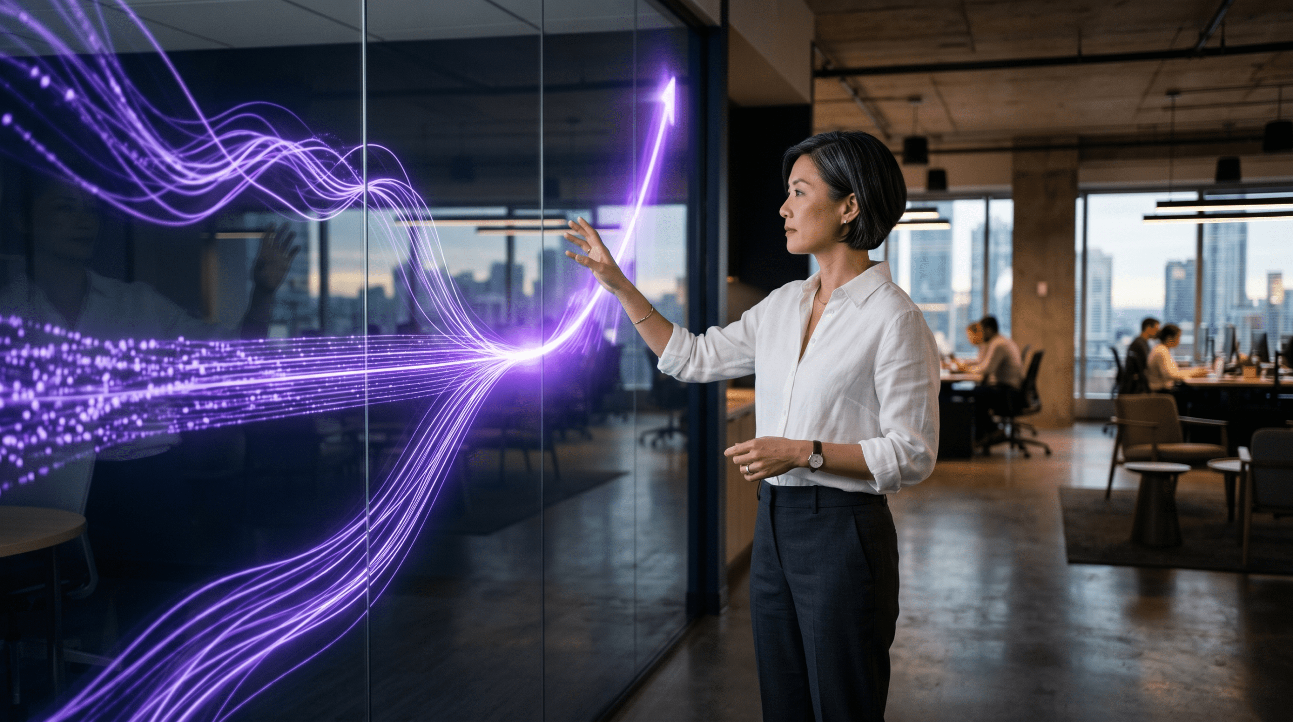 A senior executive standing before a large glass display showing three colored data streams — marketing, sales, and retention — converging into one upward growth curve in deep purple tones, representing the unified growth system a fractional Chief Growth Officer architects.