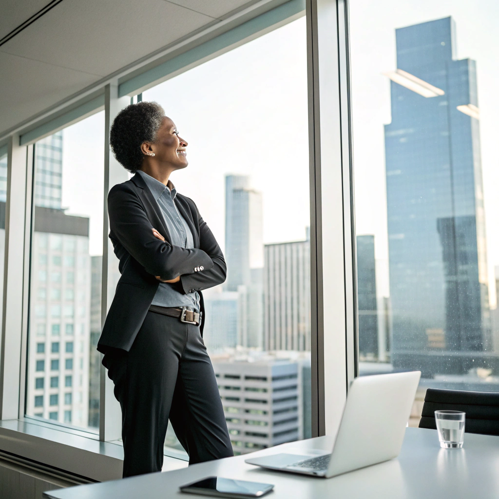 A modern office setting with a confident professional standing beside a large screen displaying SaaS growth charts, using cool purple tones to reflect a dark, premium brand palette.
