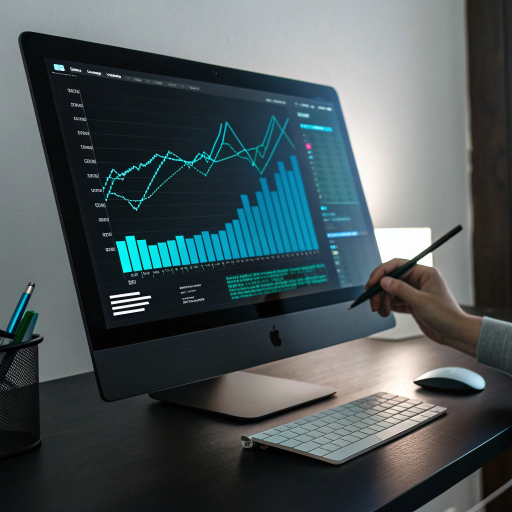 A dark dashboard screen showing SEO graphs, keyword rankings, and a magnifying glass overlay, rendered in purple hues to match the brand's color scheme.