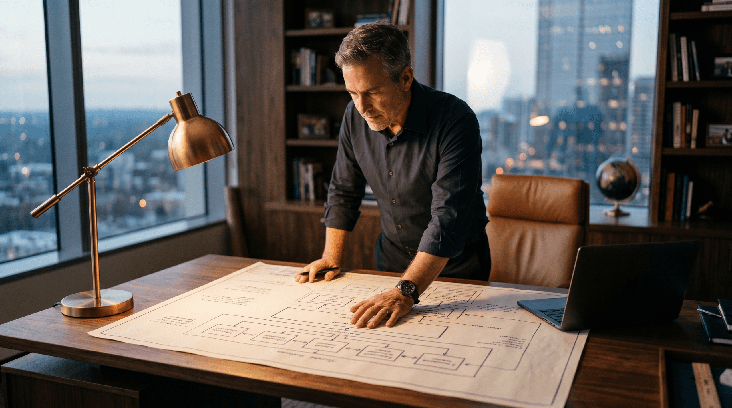A senior executive leaning over a large architectural blueprint that diagrams the upstream layers of a revenue system, with a closed laptop pushed aside in a dimly lit premium office. The image illustrates the article's argument that revenue architecture is upstream positioning work, not downstream pipeline mechanics.