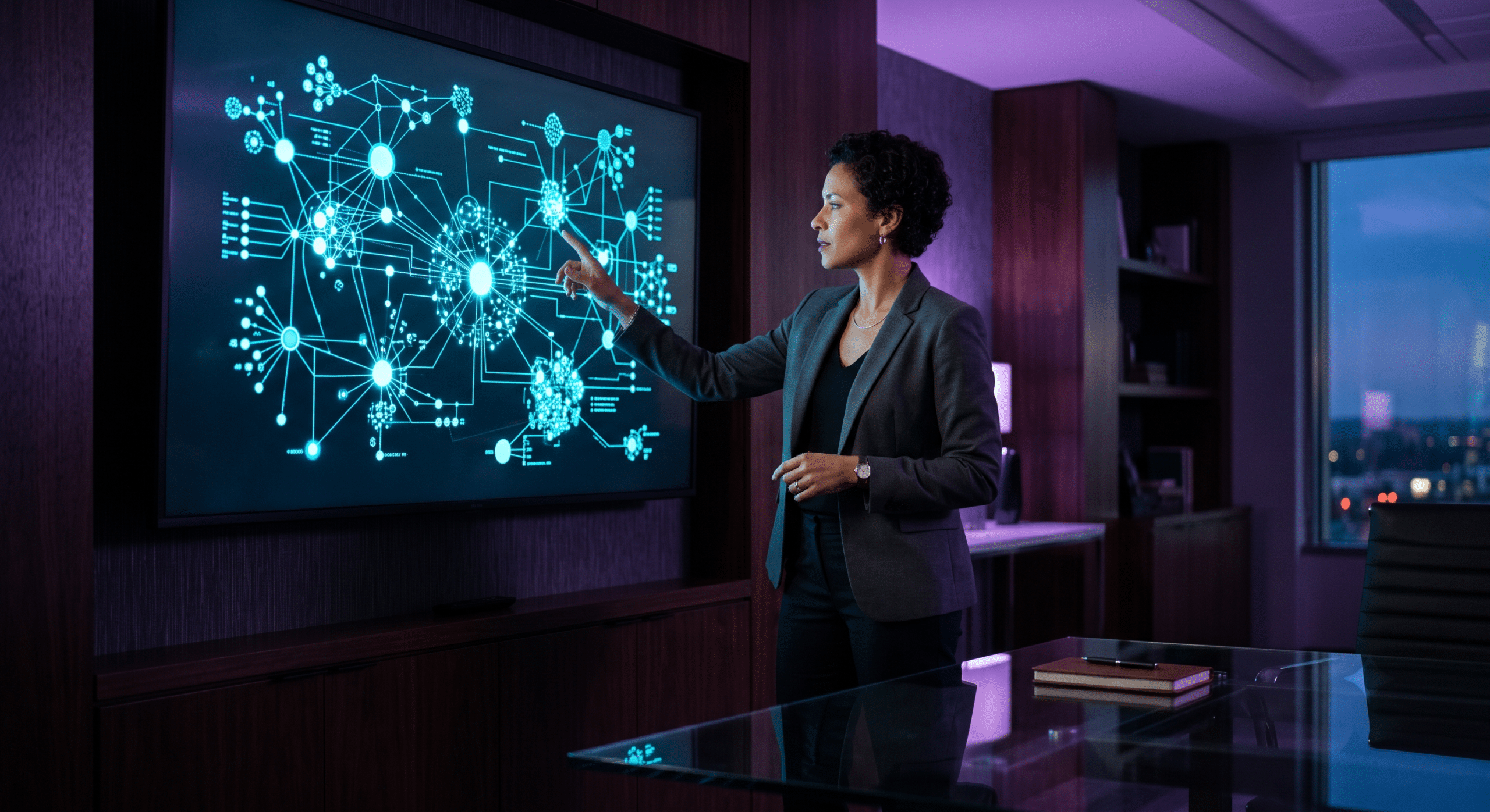A fractional CMO standing at a wall display that maps positioning, content, and revenue as one connected system.