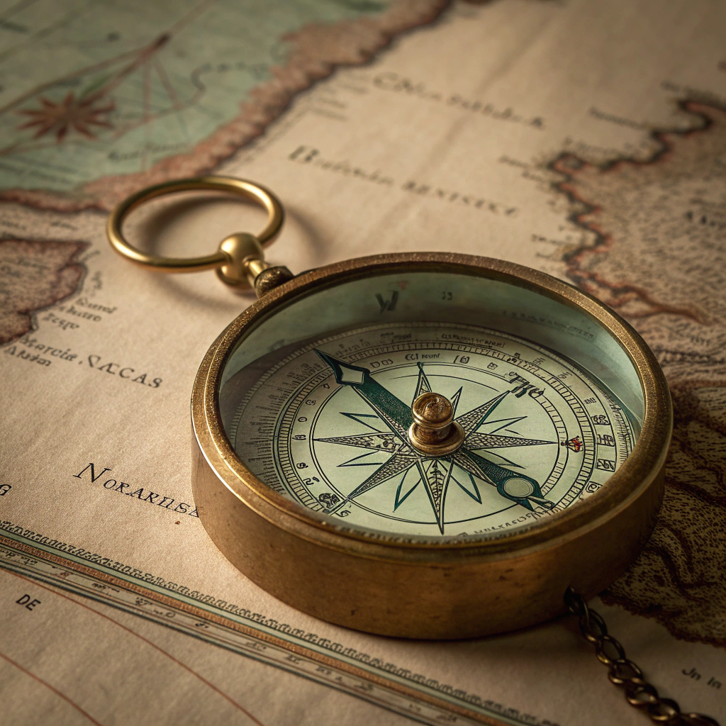 An abstract illustration of a compass layered over a dark purple map, symbolizing strategic direction and long‑term navigation for a SaaS business.