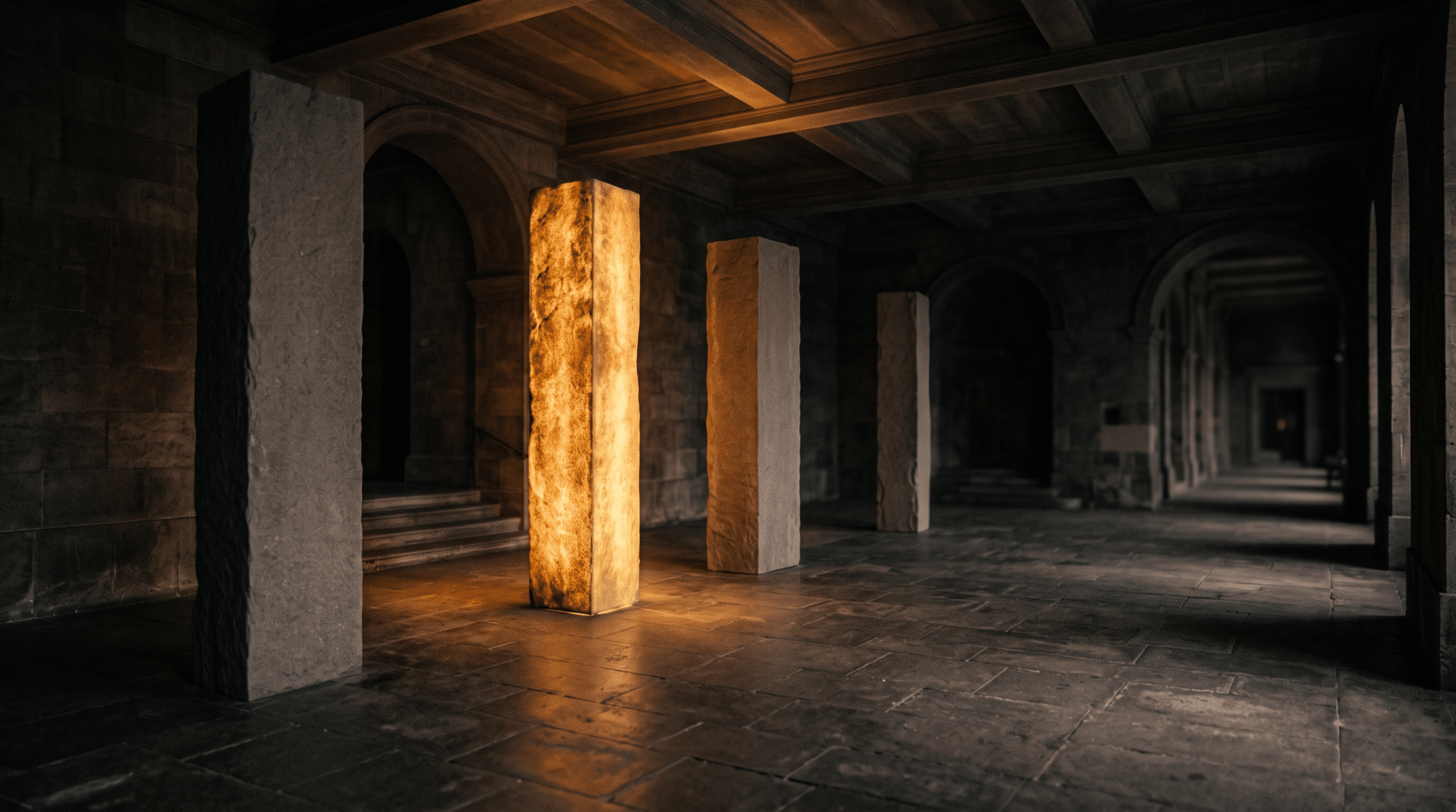 Four minimalist pillars in an architectural space, one glowing warm gold, symbolizing the FAME framework of Power Positioning