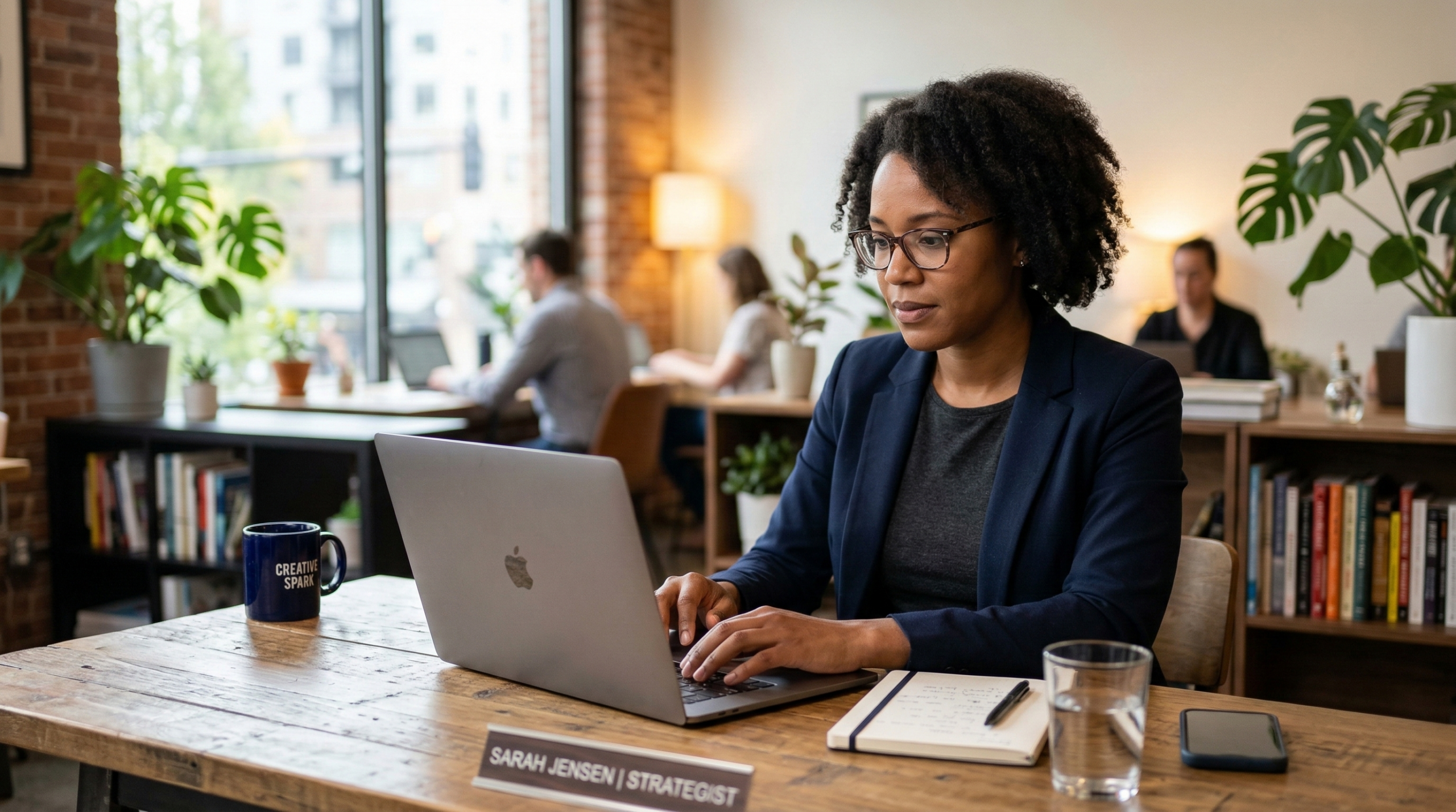Alt Text: A professional woman in a blazer works on a laptop at a shared workspace, with a notebook, water glass, and "Creative Spark" mug on the desk beside her.