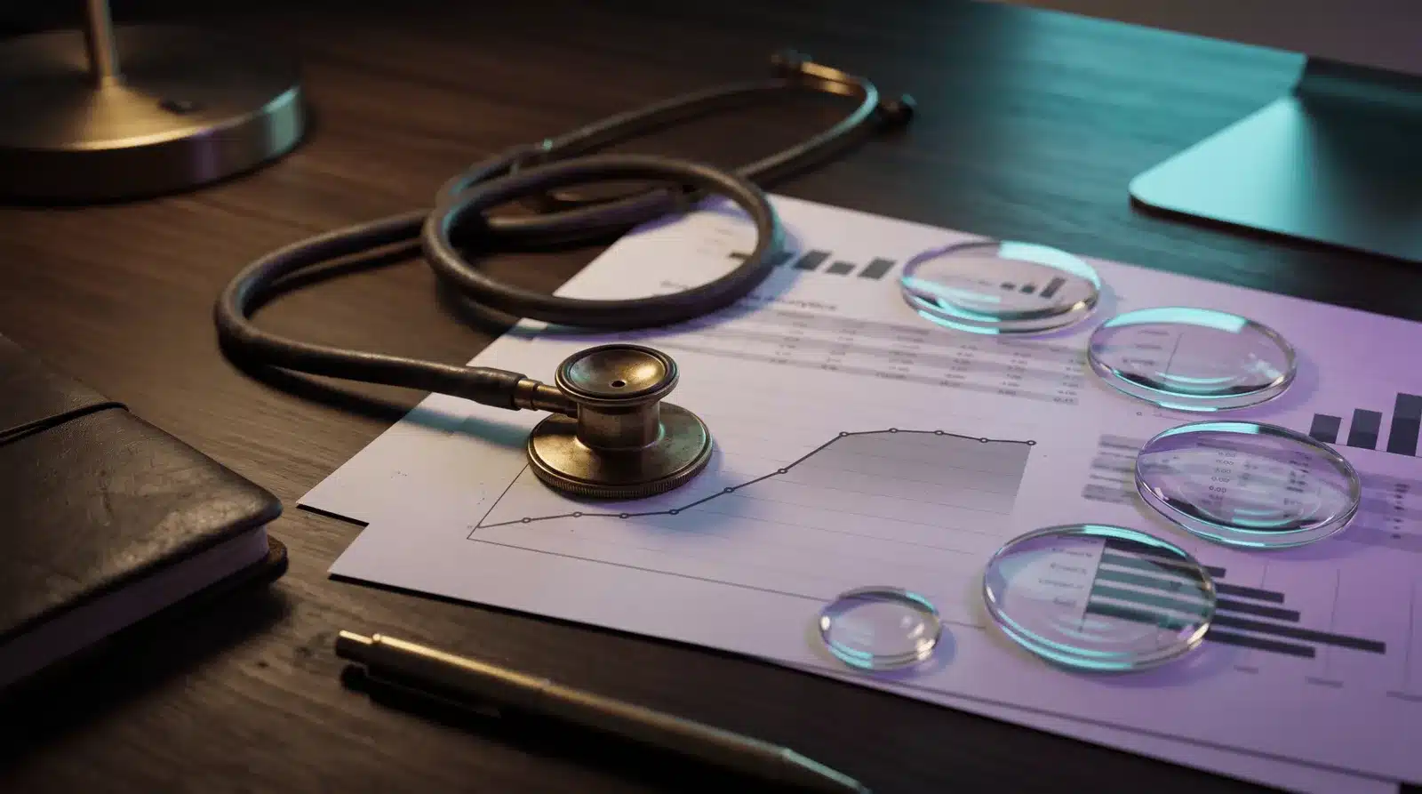 Brass stethoscope resting on a printed growth chart that flattens into a plateau, beside five glass lenses and a navy notebook on a walnut desk