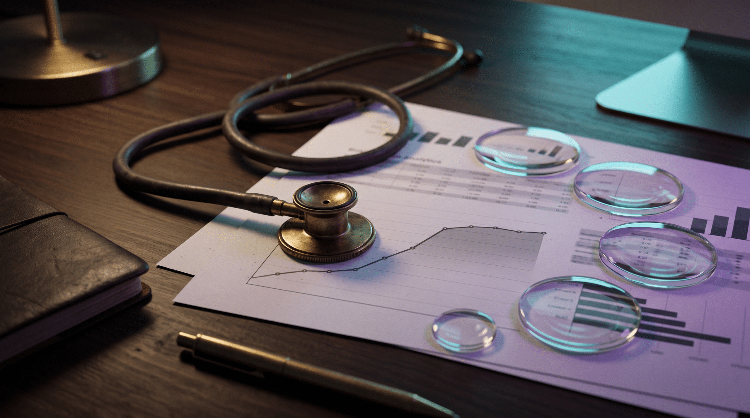 Brass stethoscope resting on a printed growth chart that flattens into a plateau, beside five glass lenses and a navy notebook on a walnut desk