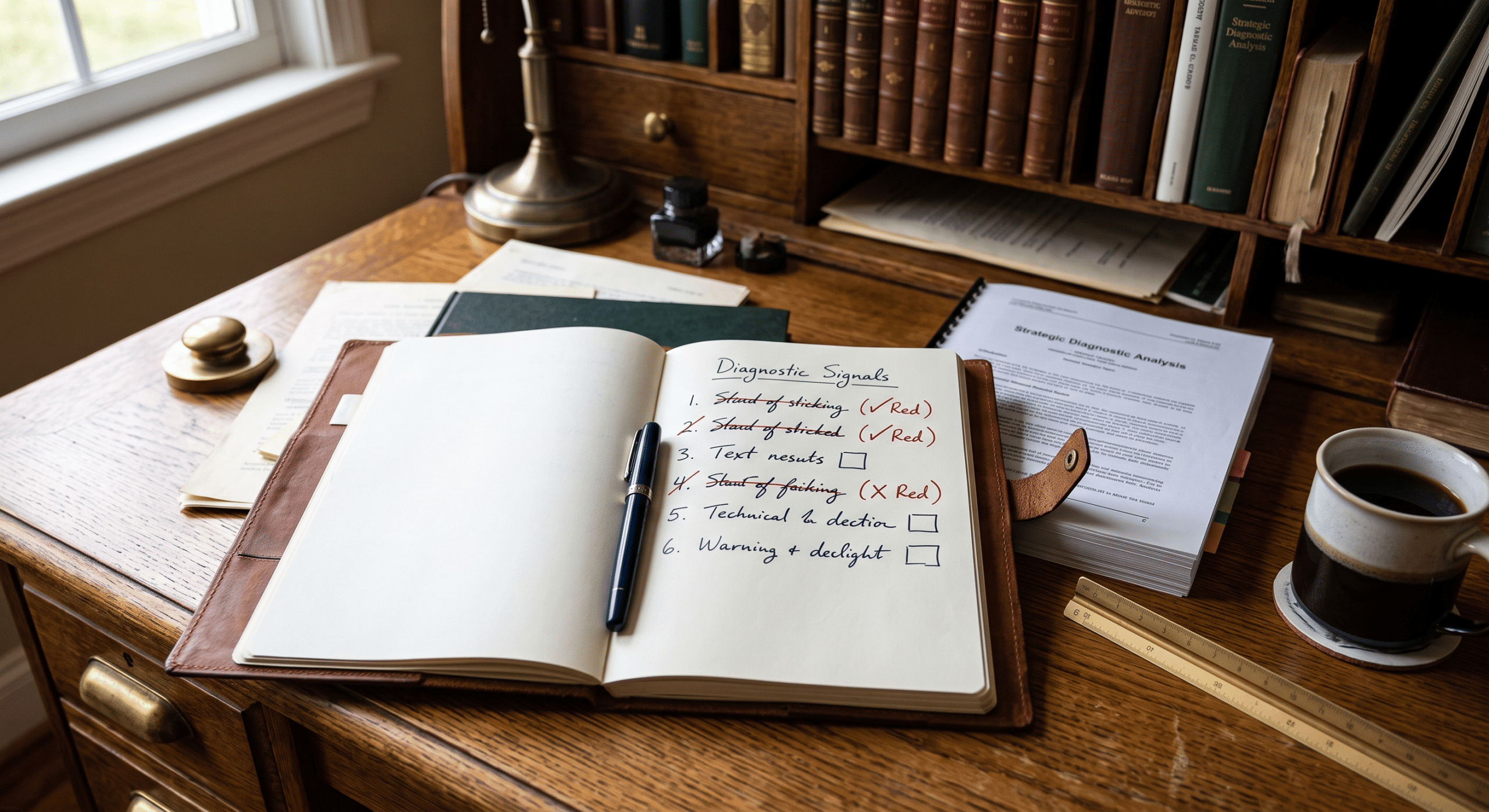 Overhead view of a growth-stage executive's desk with a handwritten diagnostic checklist showing six signs that a firm needs a Revenue Architect who designs the revenue system rather than another functional hire like a CMO, CRO, or Head of Growth