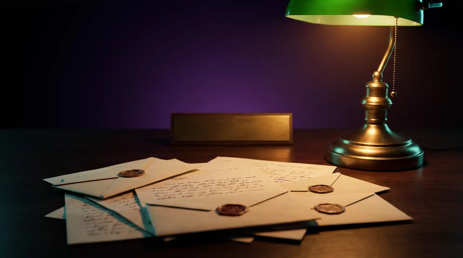 A fan of handwritten letters and wax-sealed envelopes lit by a brass desk lamp, with a blank brass nameplate in the background.