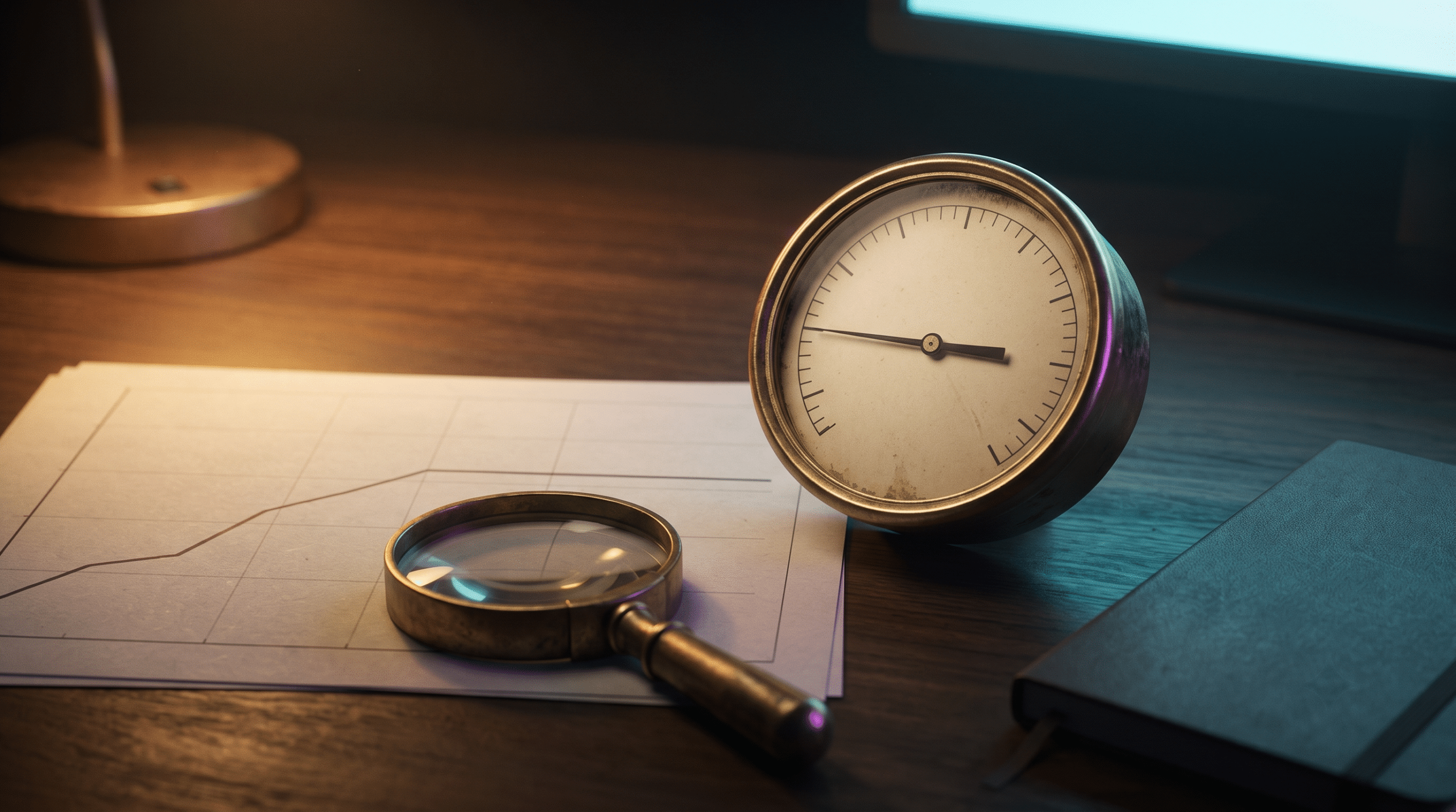 Vintage brass gauge with its needle resting flat beside a printed growth chart that levels off, a magnifying glass over the plateau, on a dark walnut desk