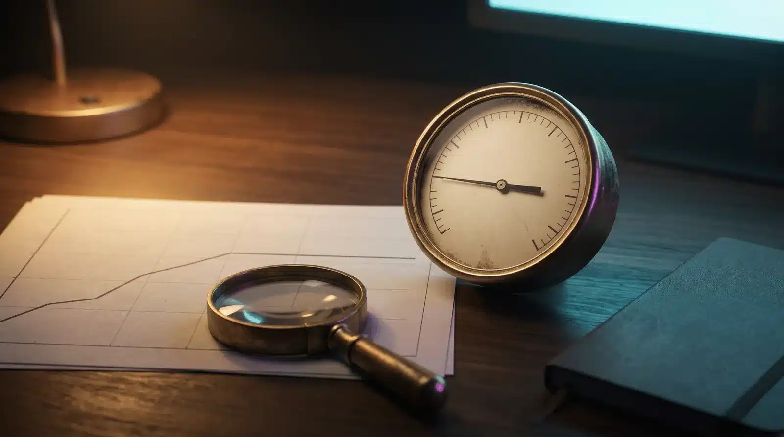 Vintage brass gauge with its needle resting flat beside a printed growth chart that levels off, a magnifying glass over the plateau, on a dark walnut desk