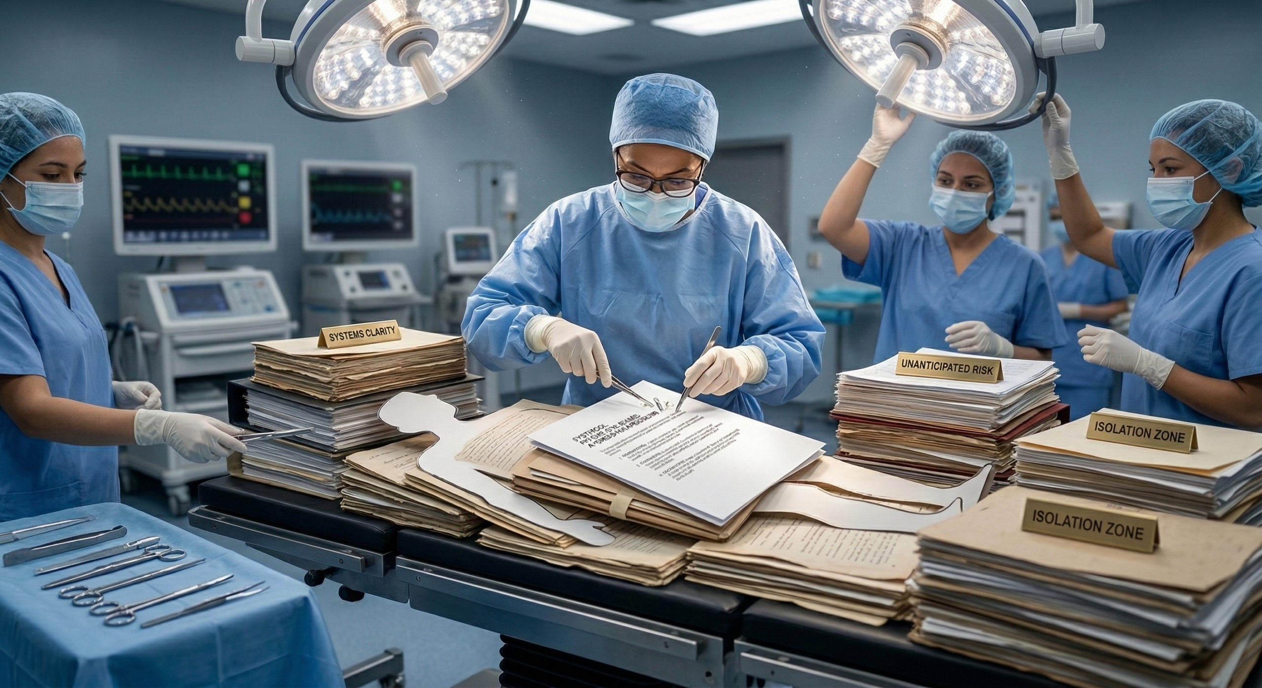 A surgeon in full surgical scrubs and gloves uses forceps to operate on a stack of documents on an operating table, under bright surgical lights, representing the process of extracting doubt from marketing communications.