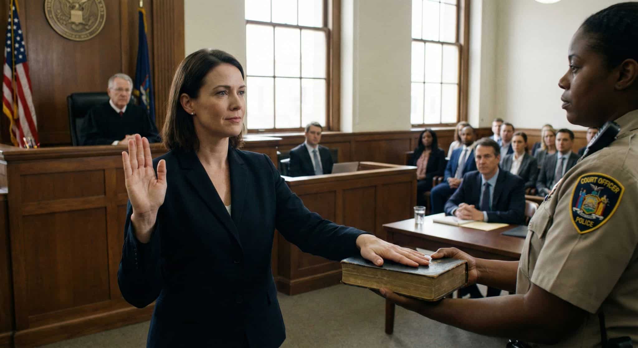 Woman taking oath on Bible in a courtroom