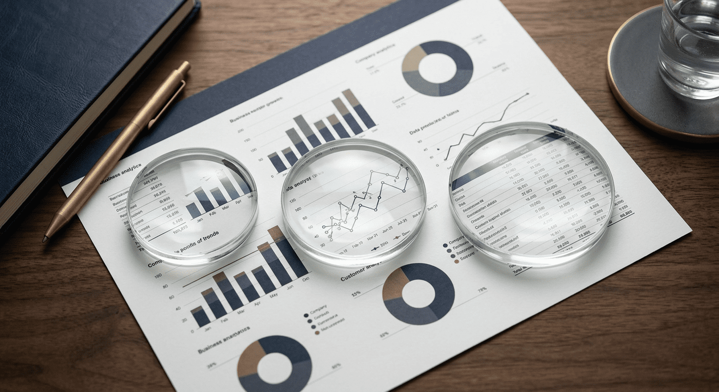 Three glass lenses resting on printed business analytics charts, each magnifying a different graph, on a wooden desk with a navy notebook and brass pen