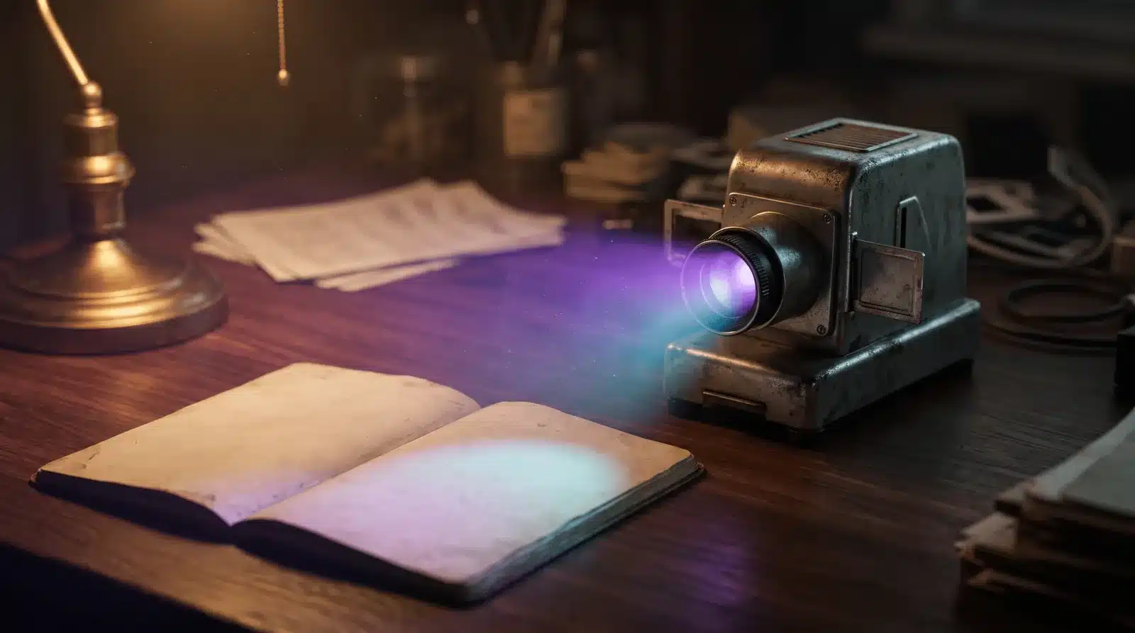 Vintage slide projector casting a purple and cyan beam across an open notebook on a dark wooden desk, lit by a brass desk lamp