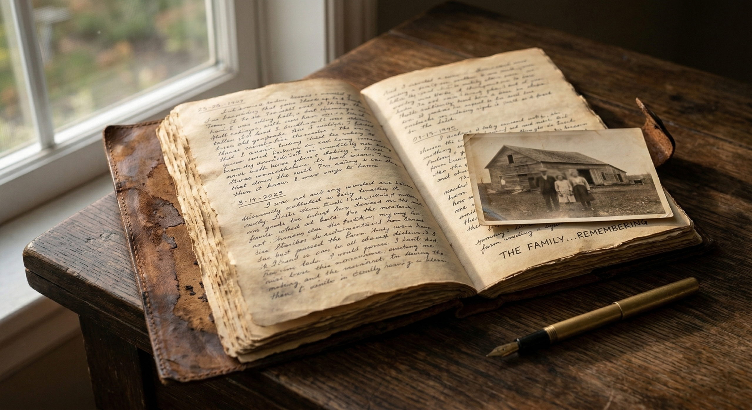 An open leather journal resting on a wooden desk beside a faded photograph, illuminated by natural window light, representing personal reflection and the lessons drawn from a long career.